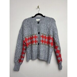Anthropologie Maeve Womens Cardigan Sweater Size Large Gray Button Geo Cable